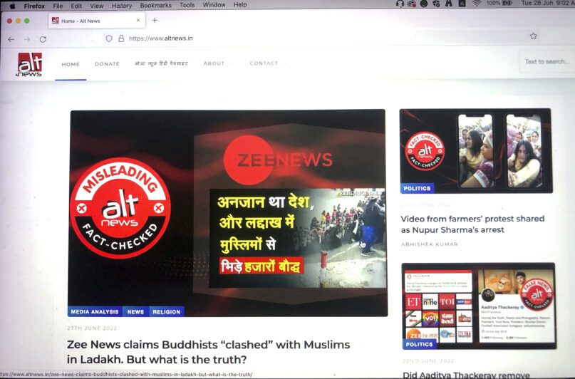 A photograph of a computer screen shows the home page of Alt News, a fact-checking website, in New Delhi, India, Tuesday, June 28, 2022. Police in New Delhi arrested Mohammed Zubair, one of the co-founders of the website, over a tweet that allegedly hurting religious sentiments in what many have slammed as the latest example of shrinking press freedoms under Prime Minister Narendra Modi’s government. (AP Photo/Manish Swarup)