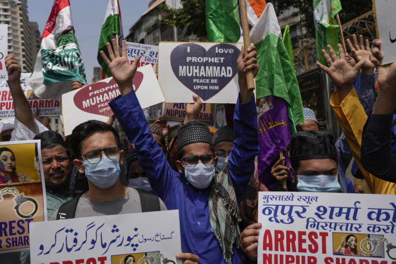 Indian Muslims shout slogans as they react to the derogatory references to Islam and the Prophet Muhammad made by top officials in the governing Hindu nationalist party during a protest in Mumbai, India, June 6, 2022. At least five Arab nations have lodged official protests against India, and Pakistan and Afghanistan also reacted strongly Monday to the comments made by two prominent spokespeople from Prime Minister Narendra Modi’s Bharatiya Janata Party. (AP Photo/Rafiq Maqbool)
