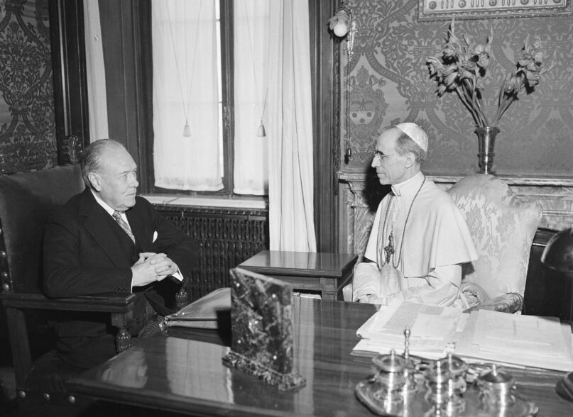 FILE - President Truman's envoy to the Vatican, Myron C. Taylor, left, has an audience with Pope Pius XII at Castelgandolfo near Rome, on Aug. 26, 1947. The Vatican has long defended its World War II-era pope, Pius XII, against criticism that he remained silent as the Holocaust unfolded, insisting that he worked quietly behind the scenes to save lives. Pulitzer Prize-winning author David Kertzer’s “The Pope at War,” which comes out Tuesday, June 7, 2022 in the United States, citing recently opened Vatican archives, suggests the lives the Vatican worked hardest to save were Jews who had converted to Catholicism or were children of Catholic-Jewish “mixed marriages.” (AP Photo/Luigi Felici, File)