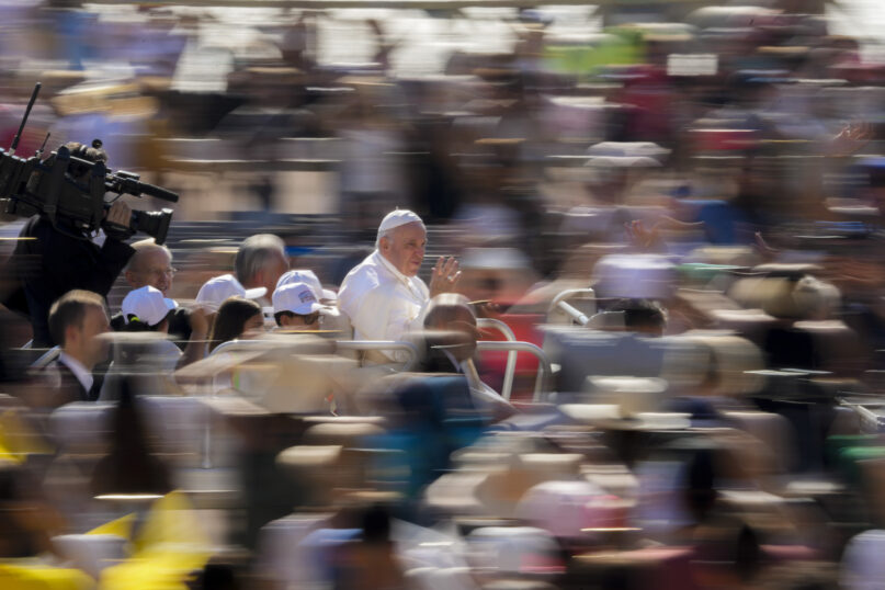 Pope Francis arrives to his weekly general audience in St. Peter's Square at the Vatican, June 15, 2022. (AP Photo/Andrew Medichini)