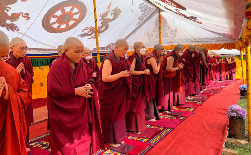 Buddhist nuns take ordination vows as bhikshunis, or female monks, June 21, 2022, at the Ramthangkha monastery in Bhutan. Photo via Facebook/Zhung Dratshang གཞུང་གྲྭ་ཚང་། Central Monastic Body of Bhutan