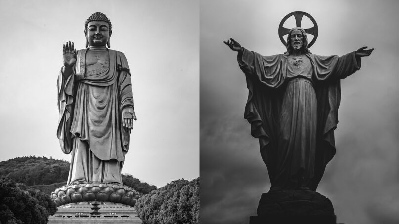 Statues of Buddha and Jesus. Photos via Unsplash/Creative Commons