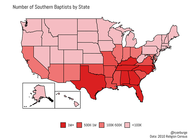 "Number of Southern Baptists by State" Grpahic by Ryan Burge