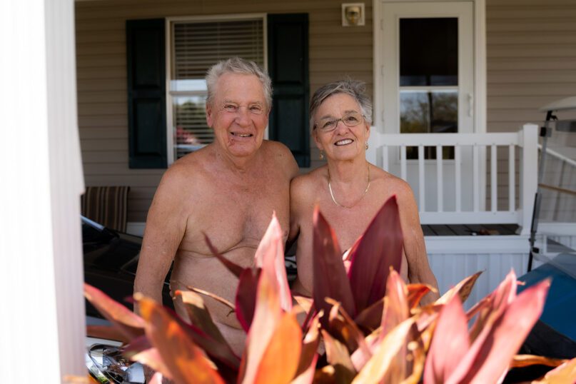Bill and Misty Katz pose in front of their home at Nature's Resort on March 16, 2022, in Elsa, Texas. Photo by Jeremy Lindenfeld