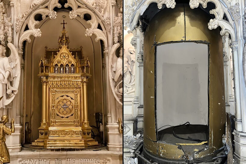 The tabernacle, left, before thieves removed it with power tools from St. Augustine Catholic Church in Brooklyn, New York. The solid 18-karat gold tabernacle is valued at around $2 million. Photos courtesy DeSales Media Group