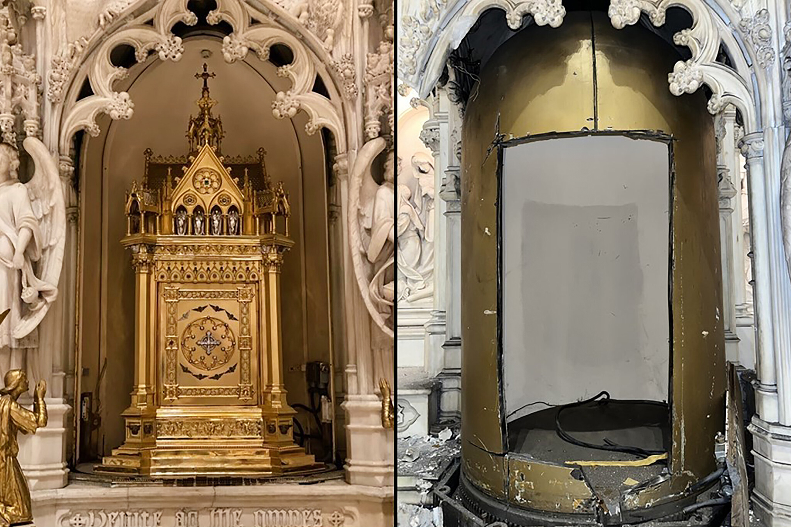 The tabernacle, left, before thieves removed it with power tools from St. Augustine Catholic Church in Brooklyn, New York. The solid 18-karat gold tabernacle is valued at around $2 million. Photos courtesy DeSales Media Group
