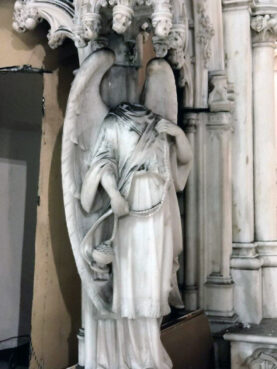 A defaced statue at St. Augustine Roman Catholic Church in Brooklyn, New York. Photo courtesy DeSales Media Group
