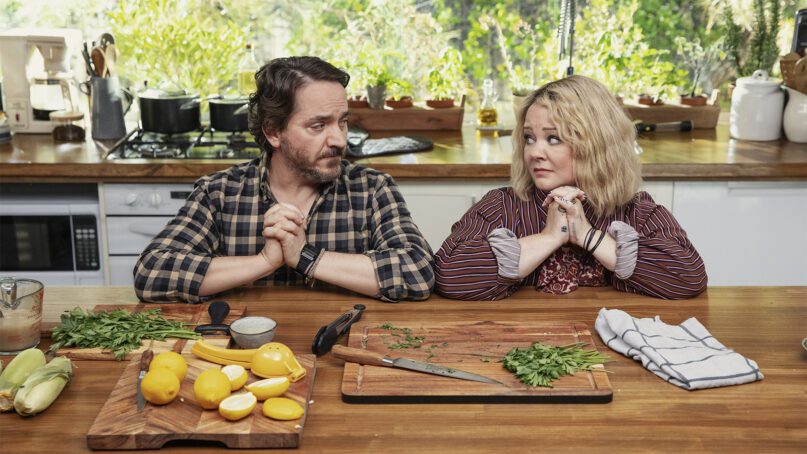 Ben Falcone as Clark Thompson, left, and Melissa McCarthy as Amily Luck in episode 107 of 