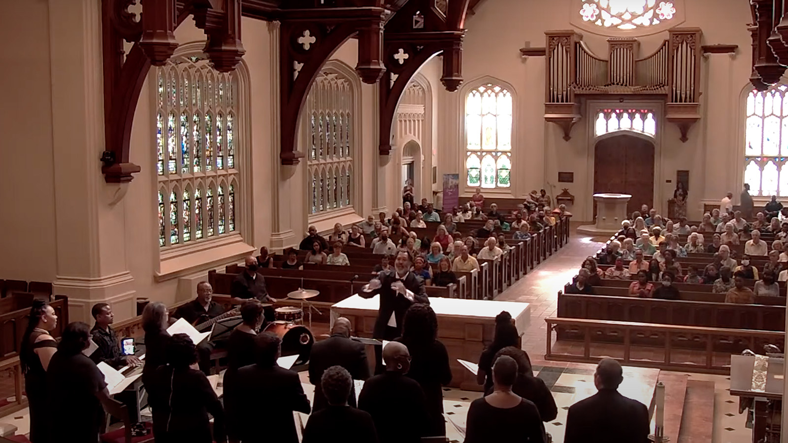 The Jacksonville Gospel Chorale performs the Mass of St. Cyprian at St. John’s Episcopal Cathedral, Saturday, June 18, 2022, in Jacksonville, Florida, to commemorate the Juneteenth holiday. Video screen grab