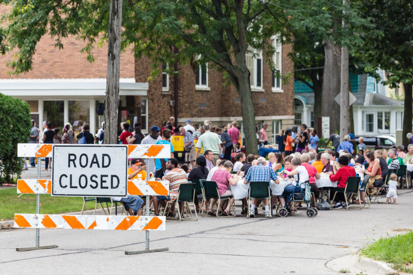 A road is closed as Neland Avenue Christian Reformed Church hosts a block party in Grand Rapids, Michigan. Photo courtesy Otto Selles