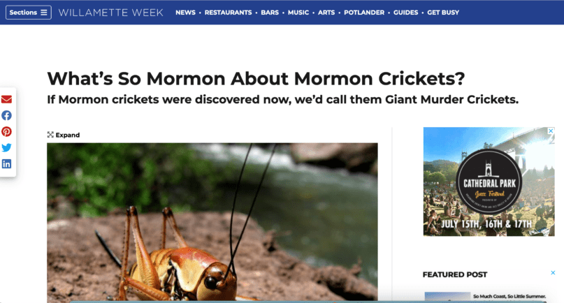 A July 9, 2022 headline about "giant murder crickets" -- aka Mormon crickets -- in Eastern Oregon.