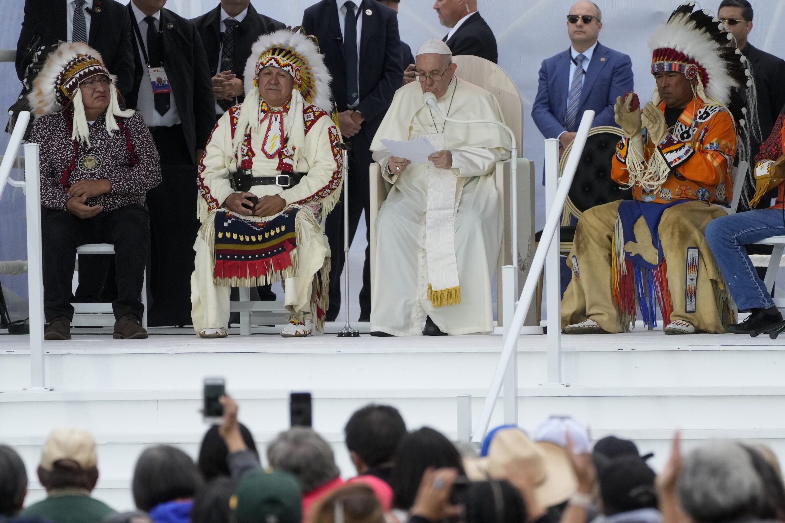 Pope Francis delivers his speech as he meets the Indigenous communities, including First Nations, Metis and Inuit, at Our Lady of Seven Sorrows Catholic Church in Maskwacis, near Edmonton, Canada, July 25, 2022. Francis is on a “penitential” visit to Canada to beg forgiveness from survivors of the country’s residential schools, where Catholic missionaries contributed to the “cultural genocide” of generations of Indigenous children by trying to stamp out their languages, cultures and traditions. (AP Photo/Gregorio Borgia)