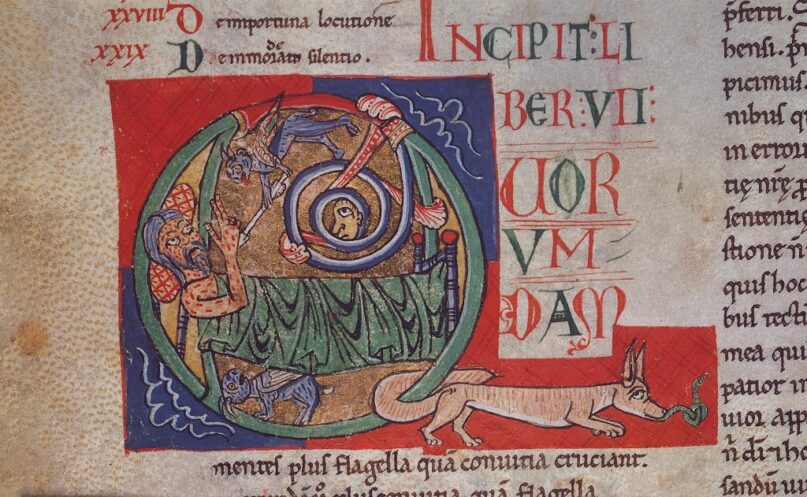 A 12th-century commentary on the Book of Job shows Satan transmitting a disease to him. (DeAgostini Picture Library via Getty Images)