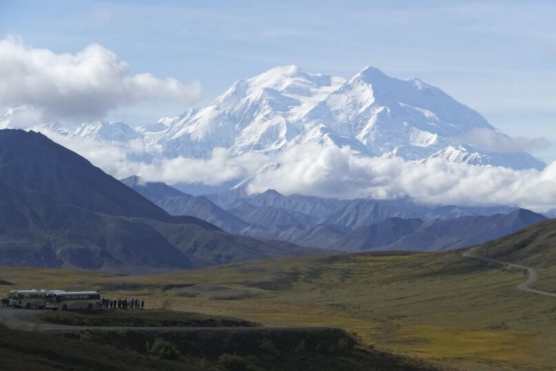 Sightseeing buses at a pullout popular for taking in views of North America's tallest peak, Denali, in Denali National Park and Preserve, Alaska, in 2016. (AP Photo/Becky Bohrer)