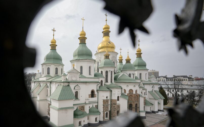 The Saint Sophia Cathedral as seen from a surrounding wall tower in Kyiv, Ukraine, on March 26, 2022. (AP Photo/Vadim Ghirda)