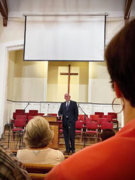 Bart Barber speaks during a church service at First Baptist Church in Farmsville, Texas. RNS Photo by Riley Farrell