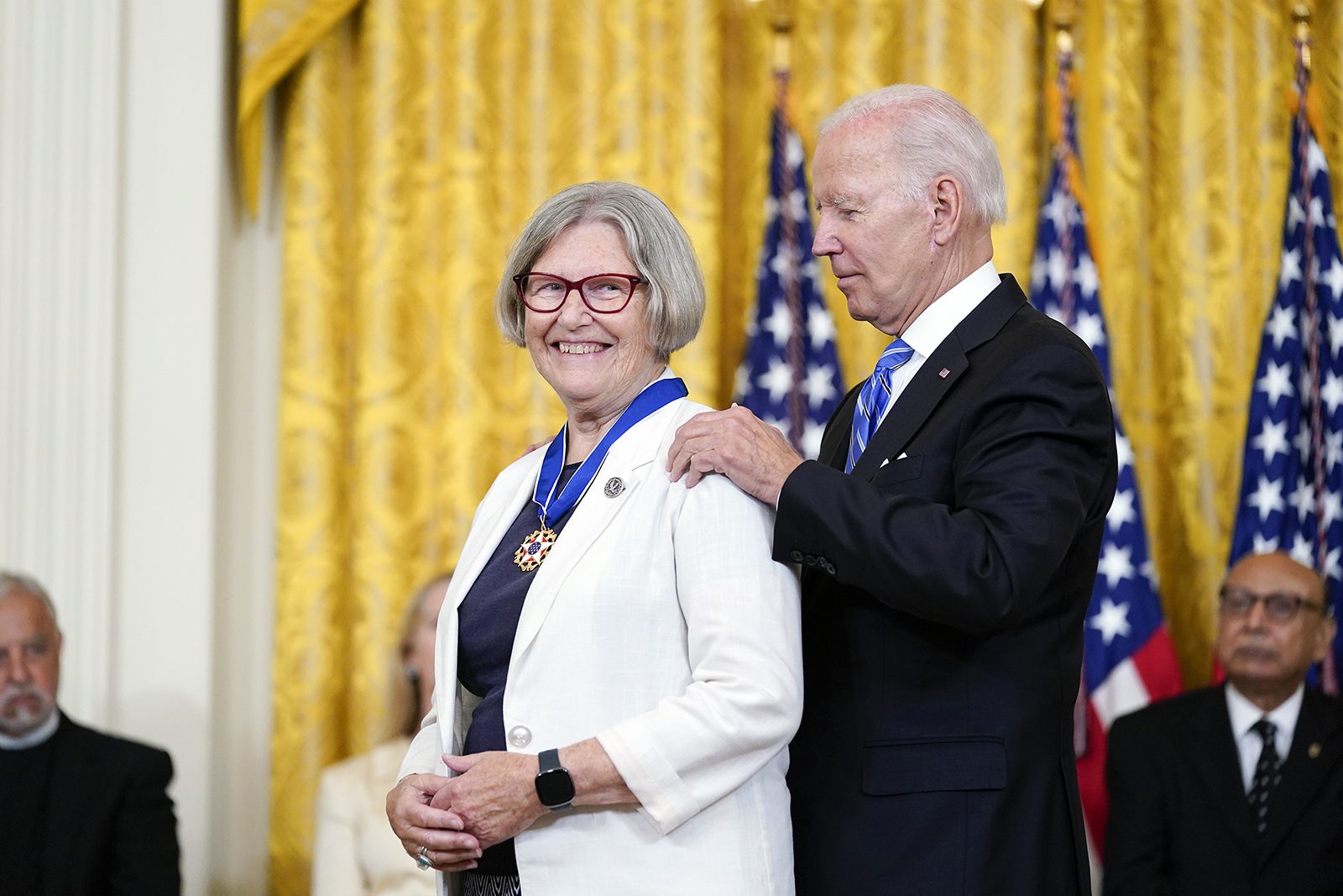 President Joe Biden awards the nation's highest civilian honor, the Presidential Medal of Freedom, to Sister Simone Campbell, during a ceremony in the East Room of the White House in Washington, Thursday, July 7, 2022. Campbell is a member of the Sisters of Social Service and former Executive Director of NETWORK, a Catholic social justice organization. She is also a prominent advocate for economic justice, immigration reform, and healthcare policy. (AP Photo/Susan Walsh)