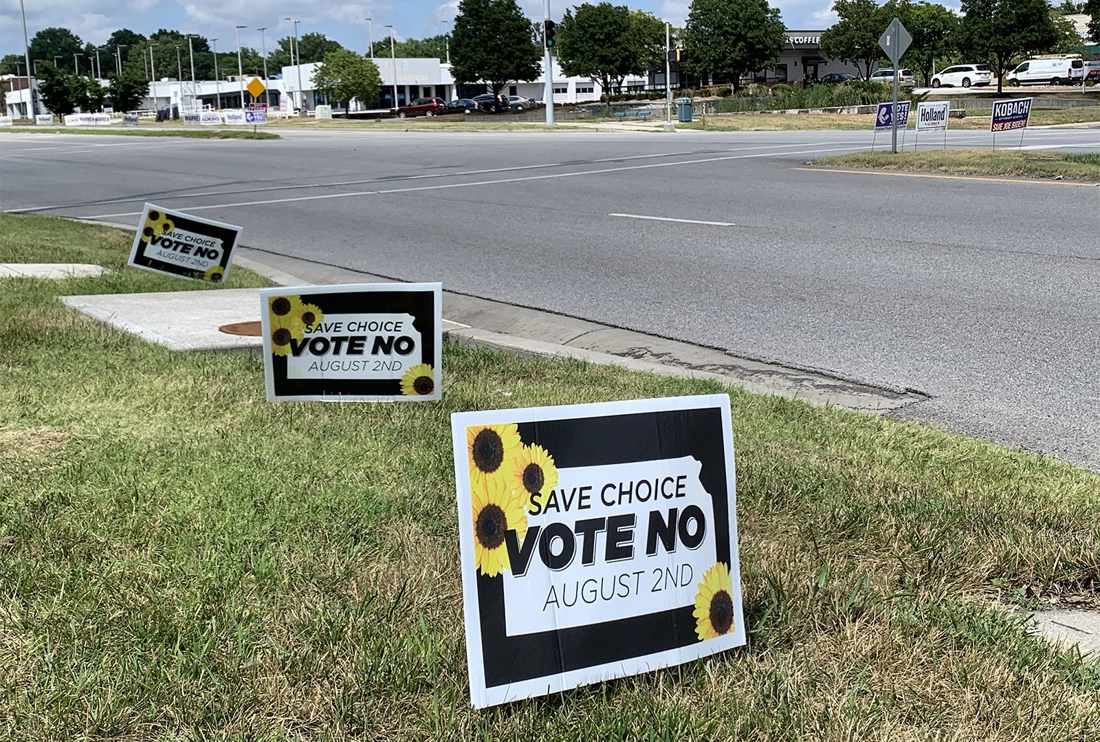 Election signs line streets near a polling location in Overland Park, Kansas, Wednesday, July 27, 2022. RNS photo by Kit Doyle