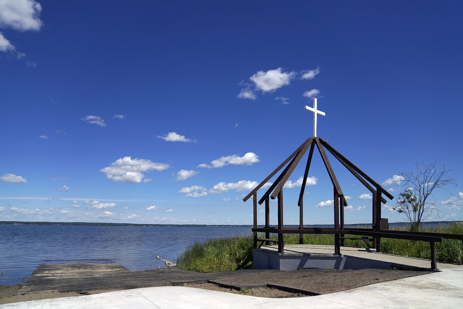 The Lac Ste. Anne pilgrimage site in Alberta, Canada, on Wednesday, July 20, 2022. Pope Francis is scheduled to make a pilgrimage to the water during his visit to the Canadian province. (AP Photo/Jessie Wardarski)