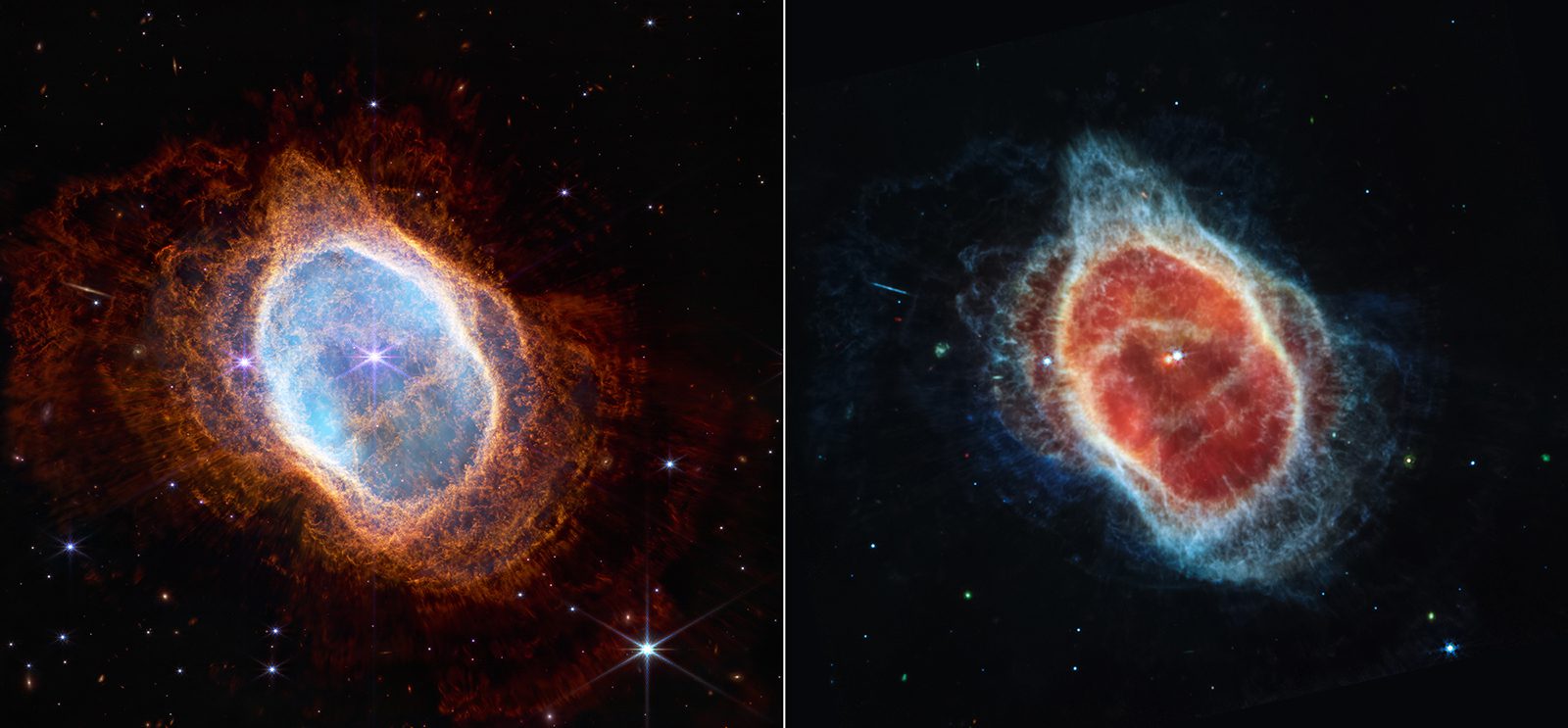 This side-by-side comparison shows observations of the Southern Ring Nebula in near-infrared light, at left, and mid-infrared light, at right, from NASA’s Webb Telescope. Image credit: NASA, ESA, CSA, and STScI