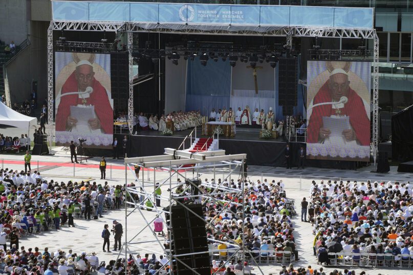 Pope Francis presides over a Mass at the the Commonwealth Stadium in Edmonton, Canada, Tuesday, July 26, 2022. Pope Francis is on a second day of a 