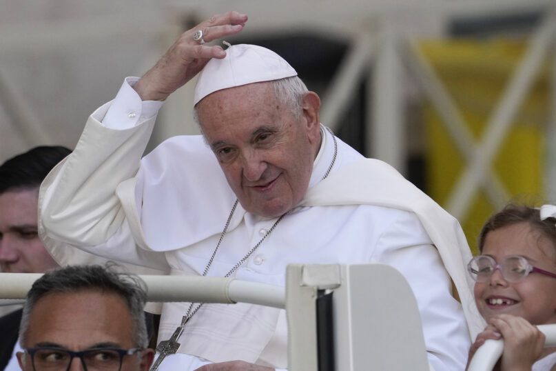 Pope Francis arrives in St. Peter’s Square at the Vatican for the World Meeting of Families in Rome, on June 25, 2022. (AP Photo/Andrew Medichini, File)