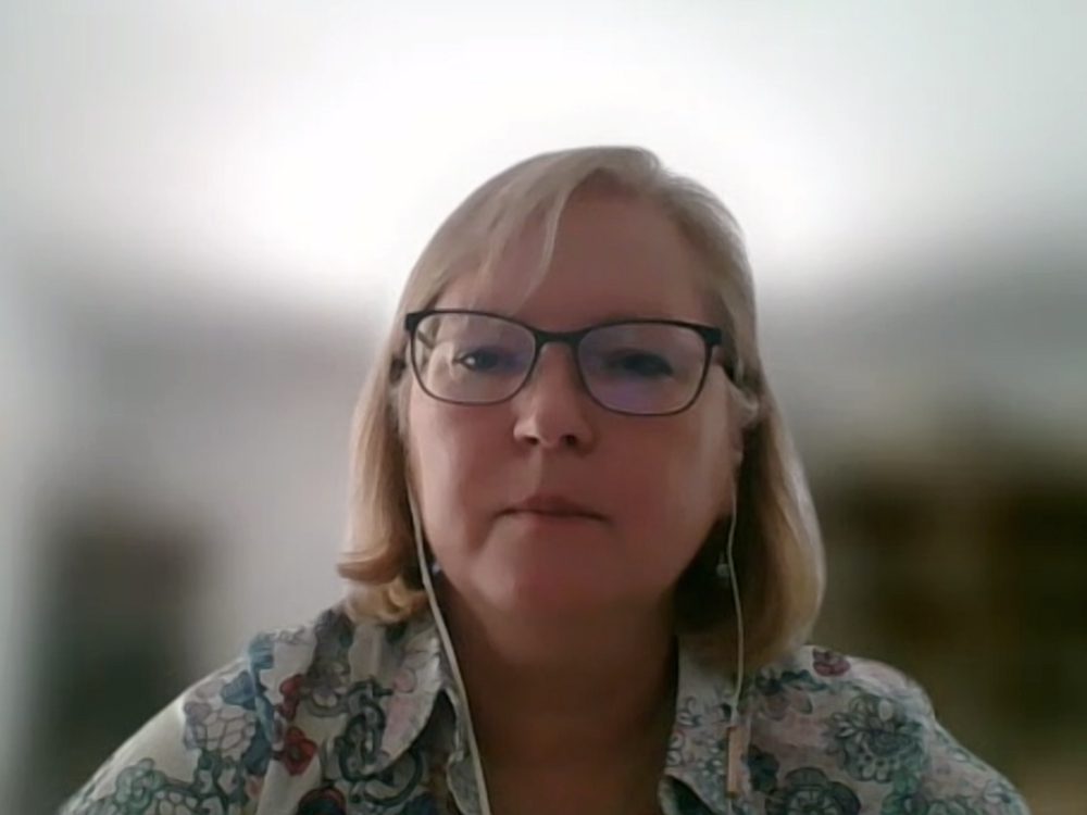 Rosamund Lewis participates in a webinar about monkeypox hosted by the World Health Organization and Religions for Peace, July 13, 2022. Video screen grab