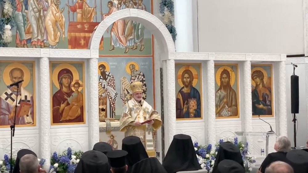 Archbishop Elpidophoros, the leader of the Greek Orthodox Church in America, speaks during the consecration of Saint Nicholas Greek Orthodox Church and National Shrine, Monday, July 4, 2022, in New York City. Video screen grab