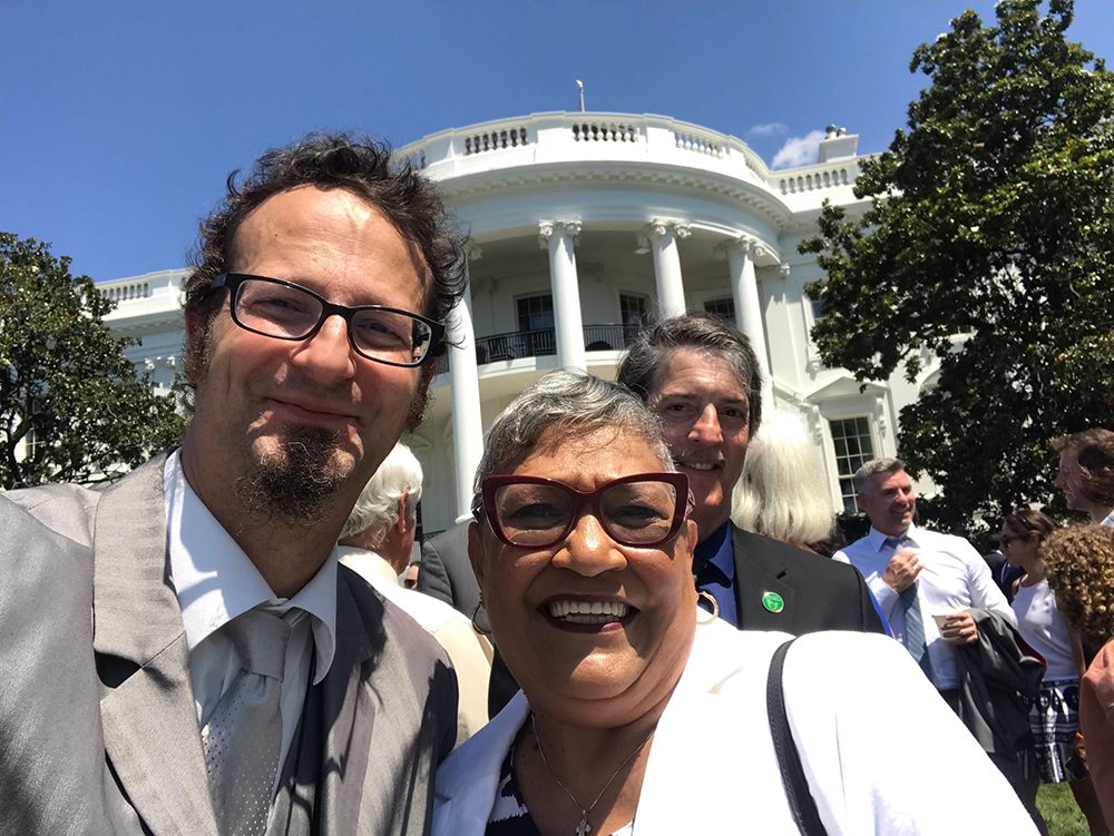 Shane Claiborne, left, and Sharon Risher at the White House, Monday, July 11, 2022. Photo courtesy of Shane Claiborne