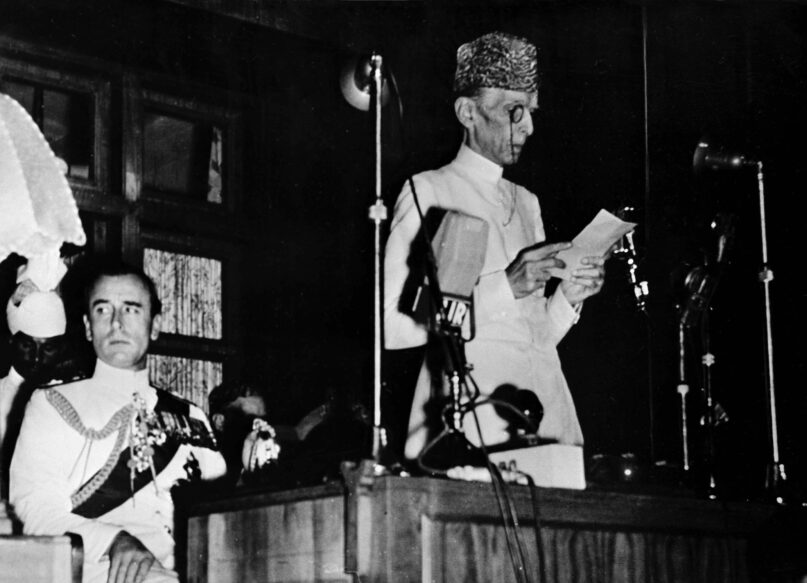 Mohammad Ali Jinnah addressing the assembly in Karachi on Aug. 15, 1947, after the creation of Pakistan. (AP Photo)