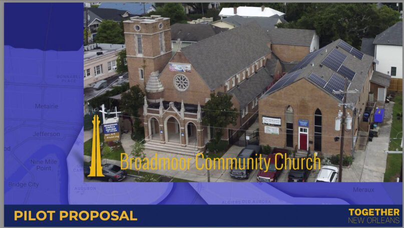 This artist rendering provided by Together New Orleans shows Broadmoor Community Church. Global warming is producing more extreme weather. That can mean extended power outages in places like New Orleans. A grassroots network is launching “Community Lighthouses” to meet the challenge. (Together New Orleans via AP)