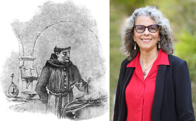 A drawing of Brother Lawrence, left, and translator and professor Carmen Acevedo Butcher, right. Illustration courtesy of Wikimedia Commons, Portrait courtesy of Butcher