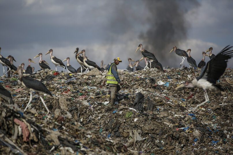 A man who scavenges recyclable materials for a living walks past Marabou storks feeding on a mountain of garbage amid smoke from burning trash at Dandora, the largest garbage dump in Nairobi, Kenya, Sept. 7, 2021. The alteration of weather patterns like the ongoing drought in east and central Africa, chiefly driven by climate change, is severely undermining natural water systems, devastating livelihoods and now threatening the survival of most of the world’s famed migratory bird species. (AP Photo/Brian Inganga, File)