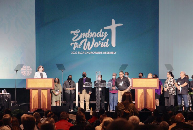 Presiding Bishop Elizabeth Eaton, left, speaks during the ELCA Churchwide Assembly at the Greater Columbus Convention Center in Columbus, Ohio, Aug. 9, 2022. RNS photo by Emily McFarlan Miller