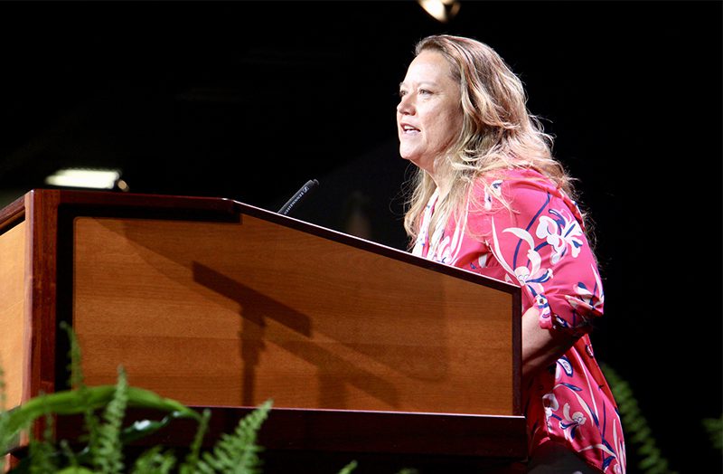 National Congress of American Indians President Fawn Sharp speaks during the ELCA Churchwide Assembly, Aug. 10, 2022, in Columbus, Ohio. RNS photo by Emily McFarlan Miller