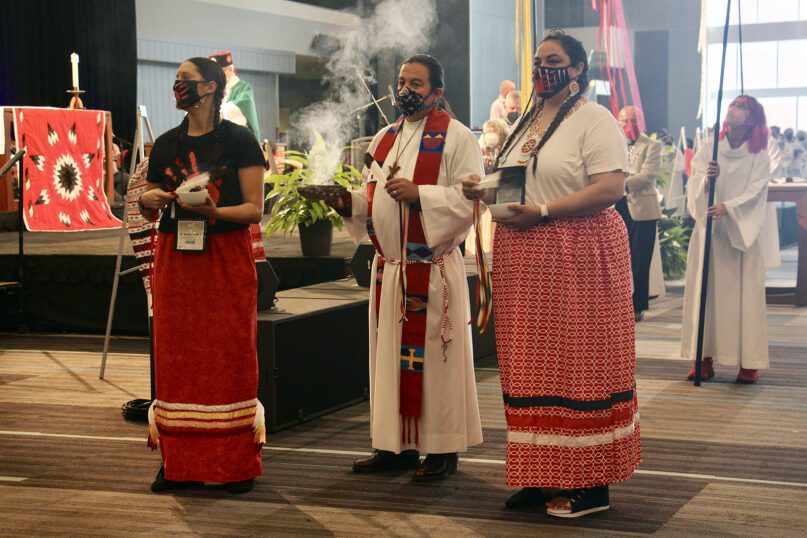 Indigenous Lutherans lead a worship service during the ELCA Churchwide Assembly, Aug. 10, 2022, in Columbus, Ohio. RNS photo by Emily McFarlan Miller