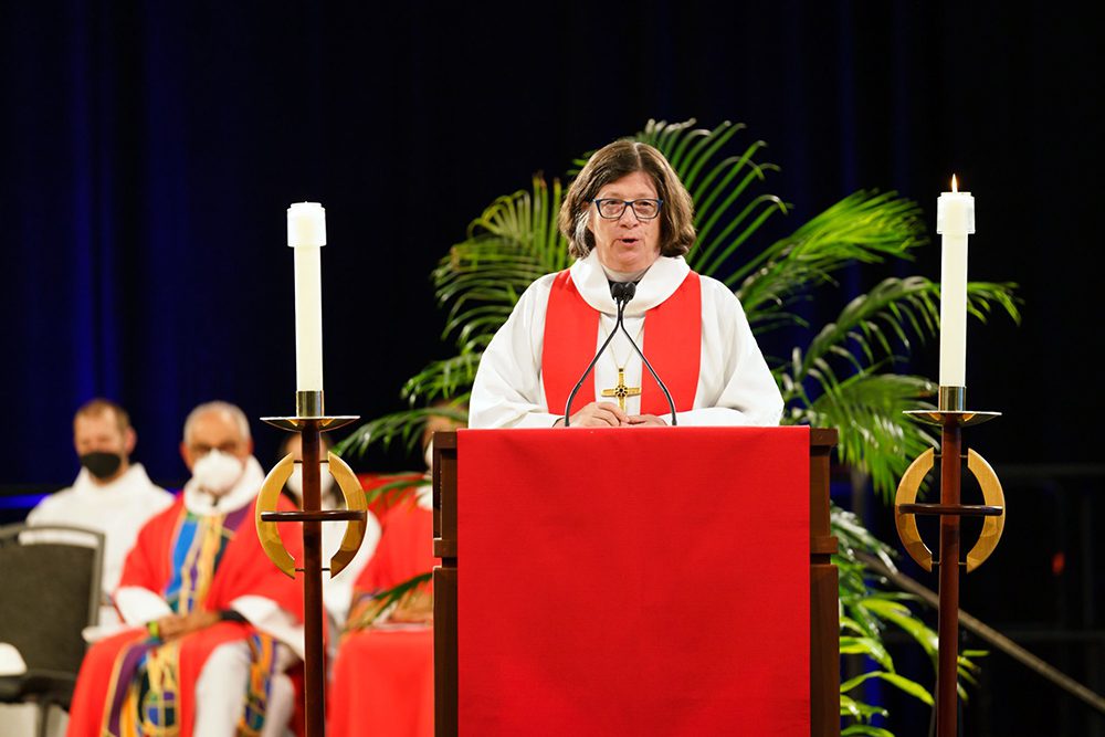 ELCA Presiding Bishop Elizabeth Eaton speaks during the ELCA Churchwide Assembly at the Greater Columbus Convention Center in Columbus, Ohio, Monday, Aug. 8, 2022. Photo by Janine Truppay, courtesy ELCA