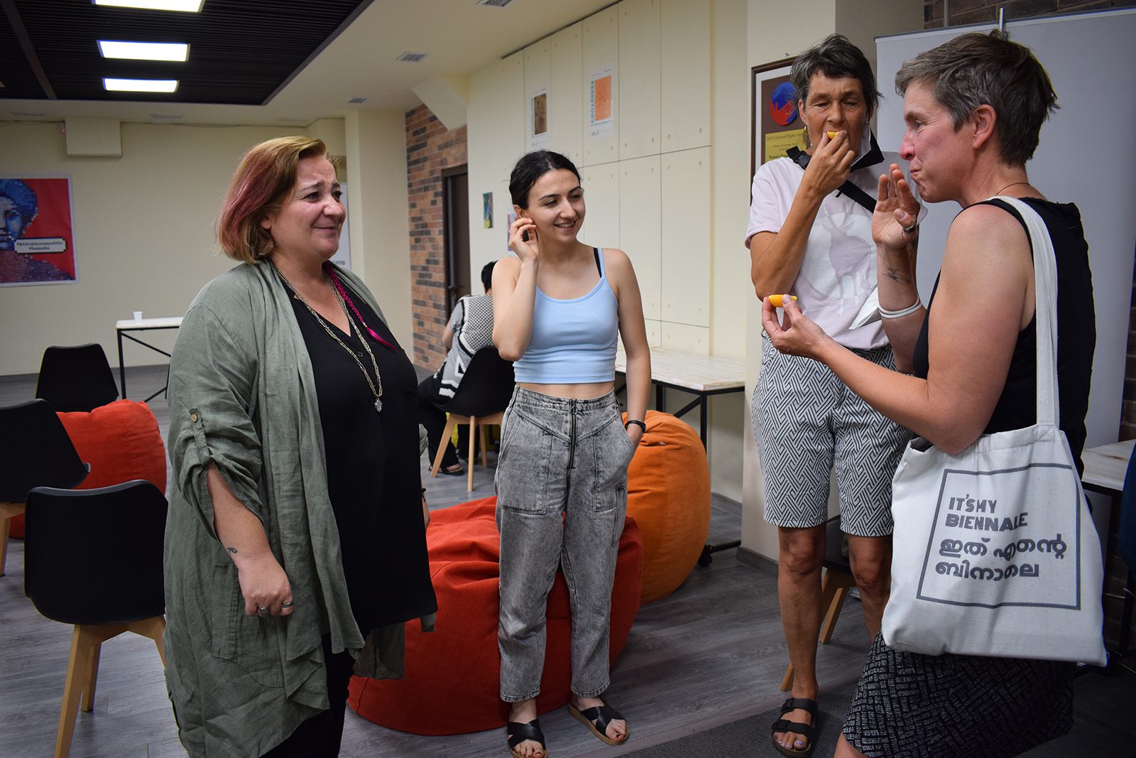 Lara Aharonian, left, meets with other activists at the Women’s Resource Center in Yerevan, Armenia, on June 30, 2022. Photo by Priyadarshini Sen