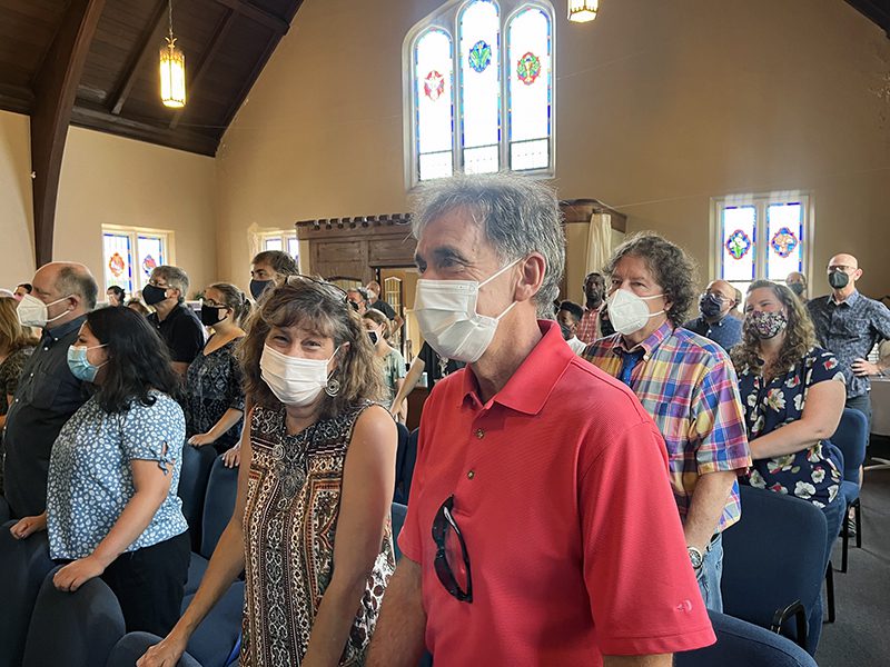 Holly and Stuart McCoy attend the final service at Grace Evangelical Covenant Church on Sunday, Aug. 28, 2022, in Chicago. RNS photo by Bob Smietana