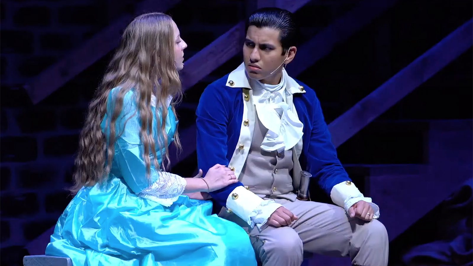 A scene between Alexander Hamilton and his wife, Eliza, in the The Door Church's unauthorized production of the musical "Hamilton," in McAllen, Texas. Video screen grab