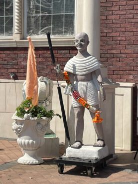 This statue of Mahatma Gandhi was vandalized last week outside the Shri Tulsi Mandir Hindu temple in Queens, New York. RNS photo by Richa Karmarkar