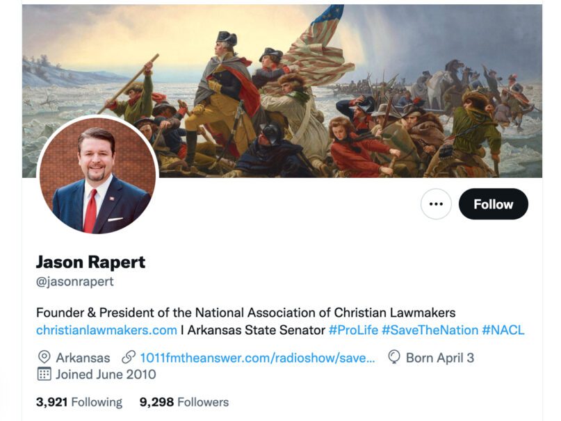 The Twitter profile for Arkansas state Sen. Jason Rapert. Screen grab