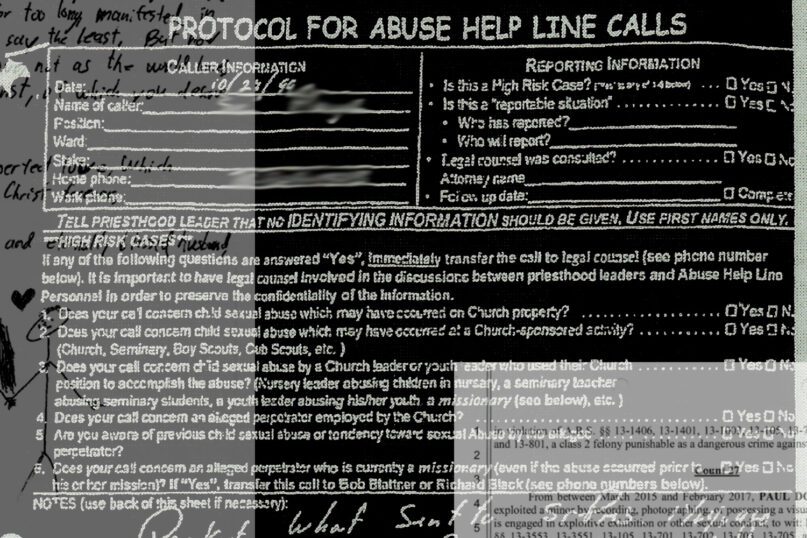 Collage of protocol for abuse help line calls. (AP Illustration based on legal documents/Peter Hamlin)