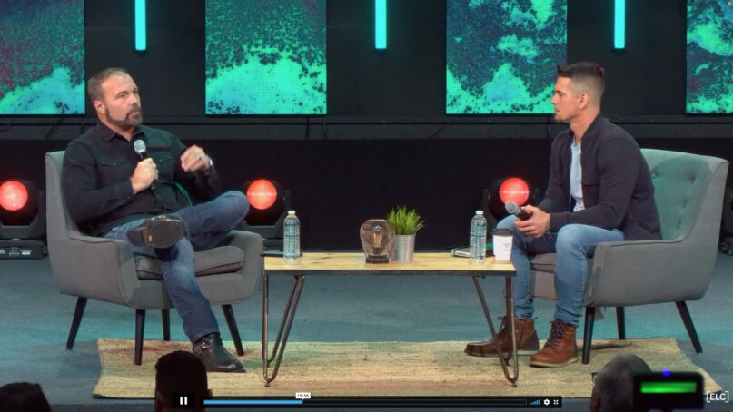 Mark Driscoll, left, is interviewed by Pastor Andy Wood at Echo Church leadership conference. Video screengrab from conference