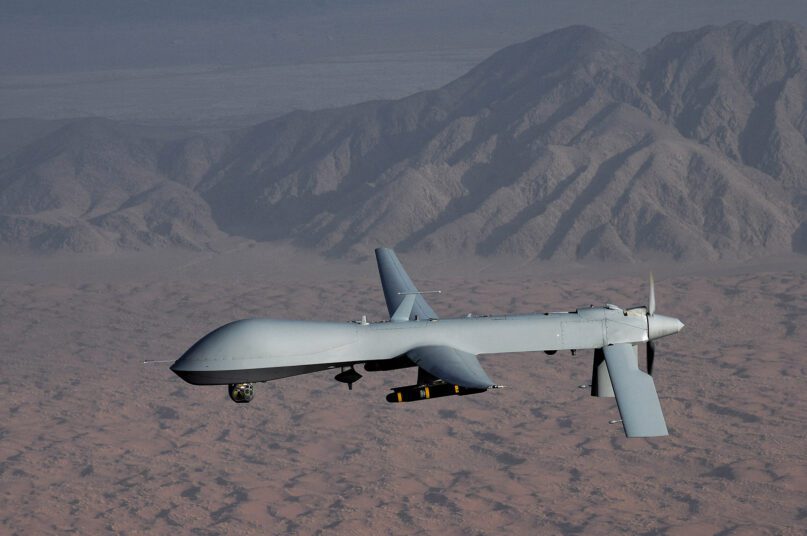 An MQ-1 Predator unmanned aerial vehicle flies a combat mission over southern Afghanistan in 2008. Photo byLt. Col. Leslie Pratt/U.S. Air Force/Creative Commons
