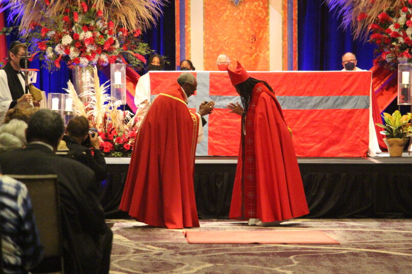 Bishop Paula Clark was ordained as the first female and first Black bishop to lead the Episcopal Diocese of Chicago on Sept. 17. 2022, at the Westin Chicago Lombard in suburban Lombard, Illinois. RNS photo by Emily McFarlan Miller