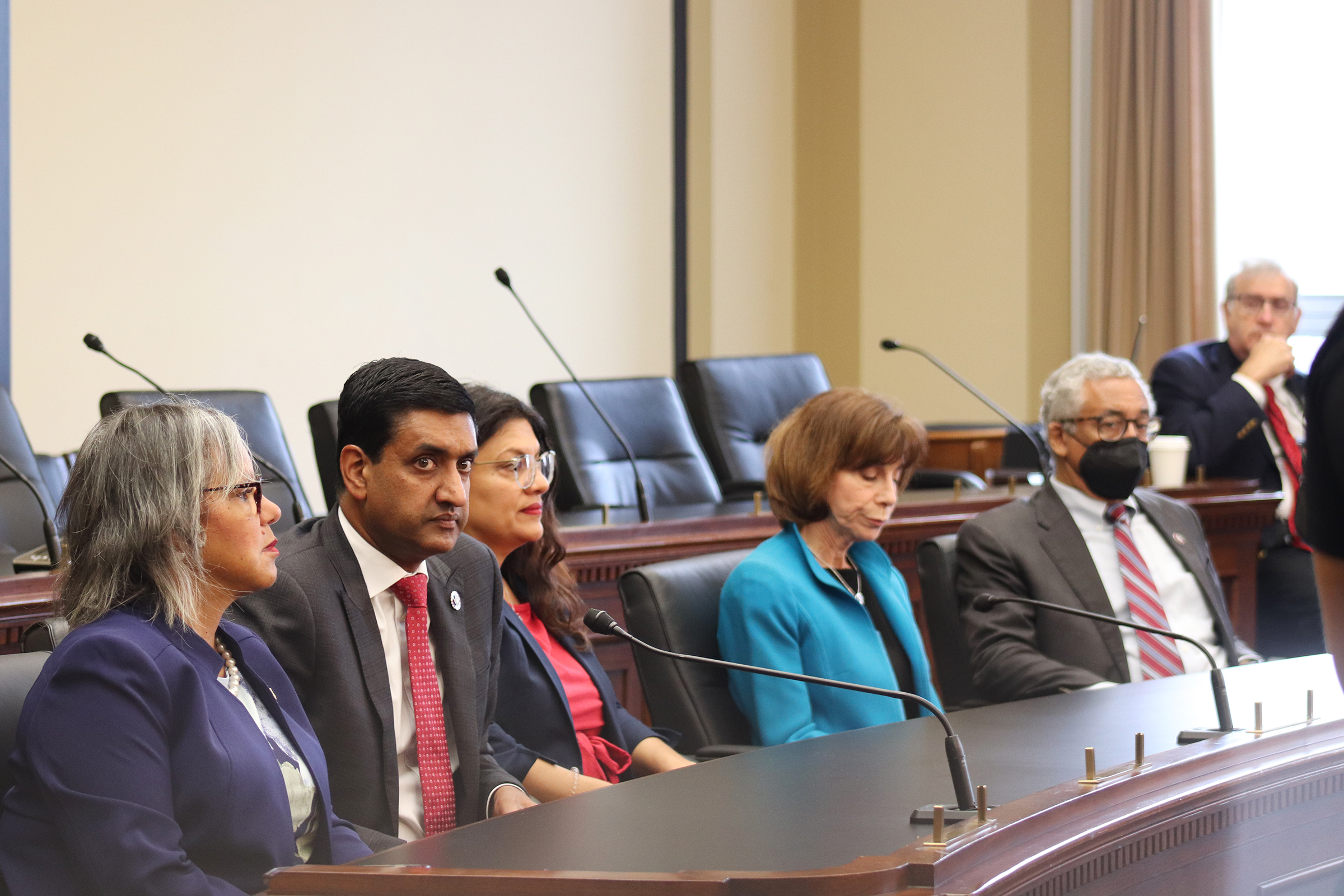 Democratic Reps. Rep. Robin Kelly, D-Ill; from left, Rep. Ro Khanna, D- Calif.; Rep. Rashida Tlaib, D- Mich.; Rep. Kathy Manning, D-N.C.; and Rep. Bobby Scott, D-Va attend the Poor People’s Campaign’s congressional briefing on Sept. 22, 2022, at the Rayburn House Office Building in Washington. RNS photo by Adelle M. Banks