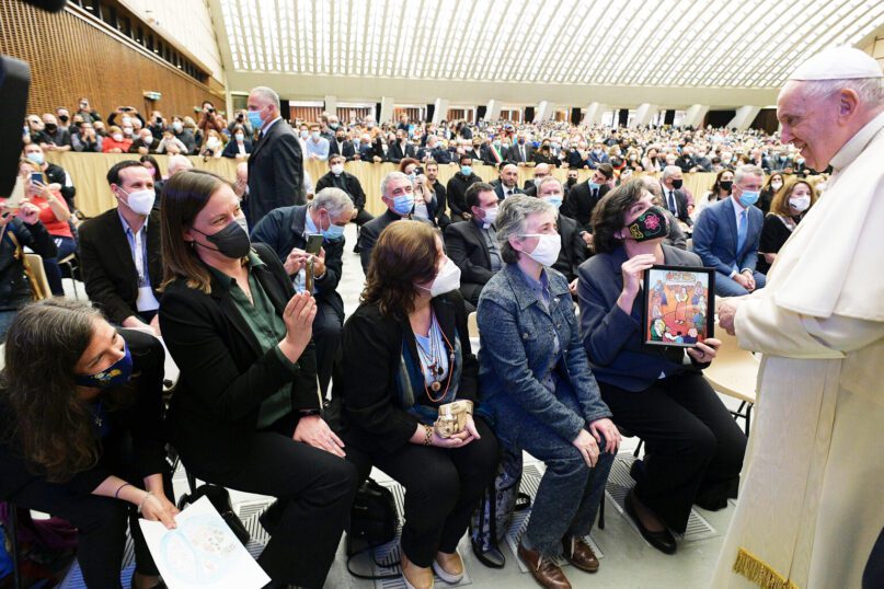 Members of Discerning Deacons attended Pope Francis' Wednesday audience and presented him with an image of St. Phoebe by the African American artist Laura James. Photo courtesy of Ellie Hidalgo