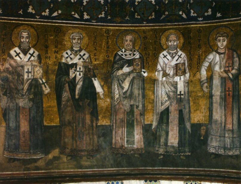 An 11th-century mosaic shows Epiphanius of Salamis, Clement of Rome, Gregory the Theologian, St. Nicholas the Wonderworker and Archdeacon Stephen. (St. Sophia of Kyiv/Wikimedia Commons)