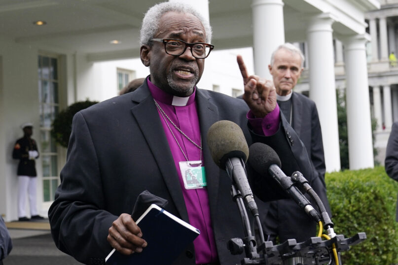 Bishop Michael Curry, presiding bishop and primate of the Episcopal Church, speaks outside the West Wing of the White House in Washington, Sept. 22, 2021. (AP Photo/Susan Walsh, File)